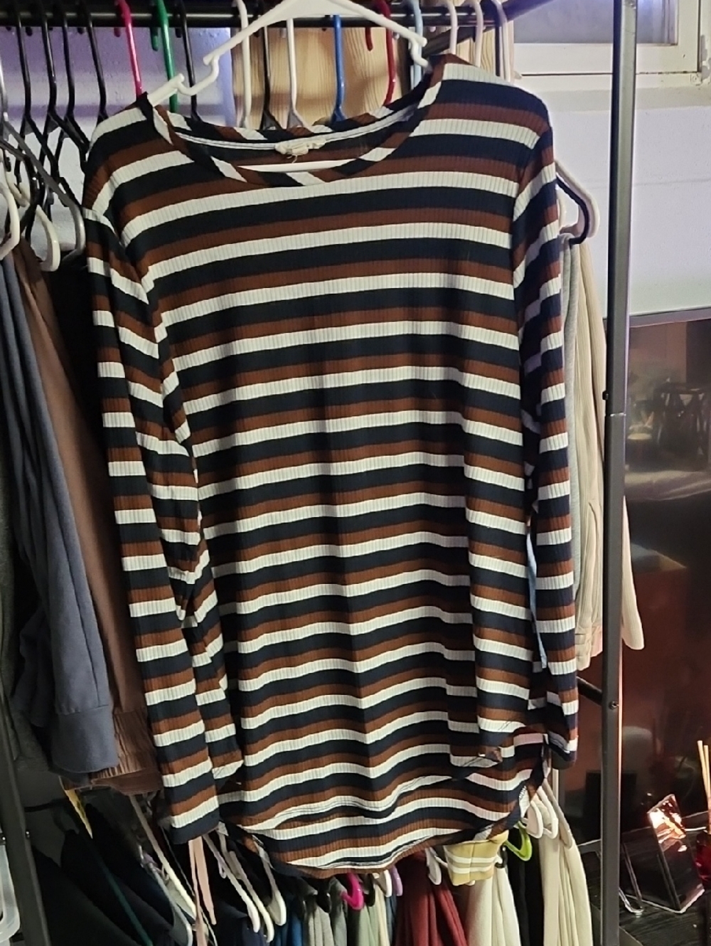 Striped Long Sleeve Ribbed Knit Top - Brown, Black & Cream